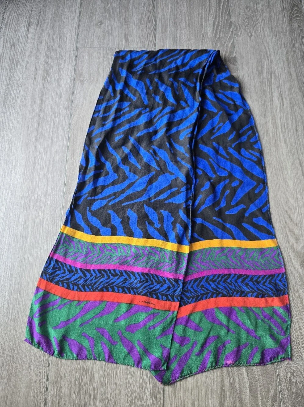 Liz Claiborne Vintage Scarf Blue Black Zebra Rainbow Stripe Oblong 80s Colorful